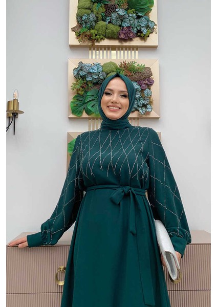 Bym Taş Işlemeli Kuşaklı Elbise 3830 Zümrüt fırsatları