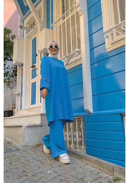 Bym Taş Işleme Detaylı Pantolonlu Tunik Takım 8464 Mavi fiyatları
