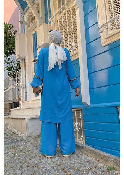 Bym Taş Işleme Detaylı Pantolonlu Tunik Takım 8464 Mavi modelleri