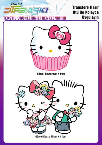 Hello Kitty 2 Adet Ütü ile Yapışan Tekstil Dtf Baskı