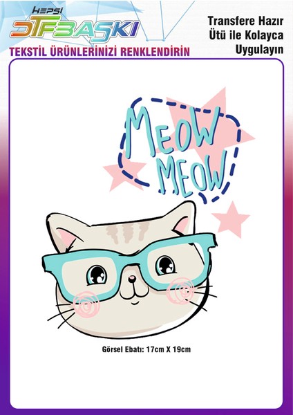Gözlüklü Kedi Meow Meow Ütü ile Yapışan Tekstil Dtf Baskı