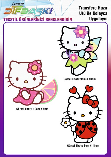Hello Kitty 3 Adet Ütü ile Yapışan Tekstil Dtf Baskı