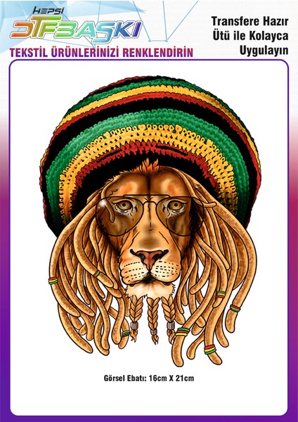 Gözlüklü Reggae Aslan Ütü ile Yapışan Tekstil Dtf Baskı