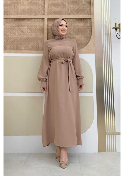 Bym Taş Işlemeli Kuşaklı Elbise 3830 Vizon