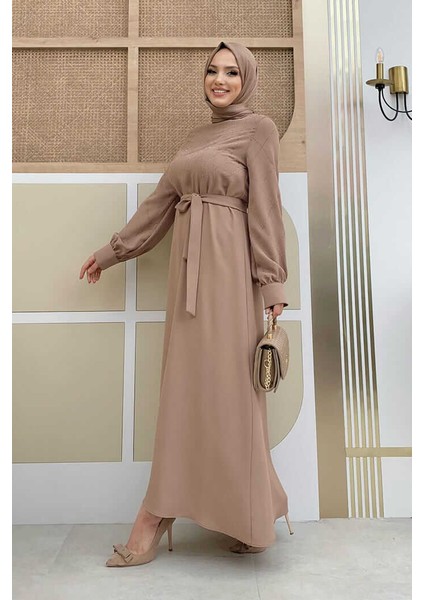 Bym Taş Işlemeli Kuşaklı Elbise 3830 Vizon fiyatları