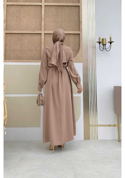 Bym Taş Işlemeli Kuşaklı Elbise 3830 Vizon modelleri