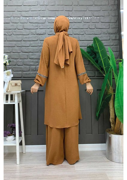 Bym Taş Işleme Detaylı Pantolonlu Tunik Takım 8464 Taba modelleri