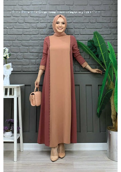 Bym Iki Renkli Taş Baskılı Elbise 3848 Gül Kurusu