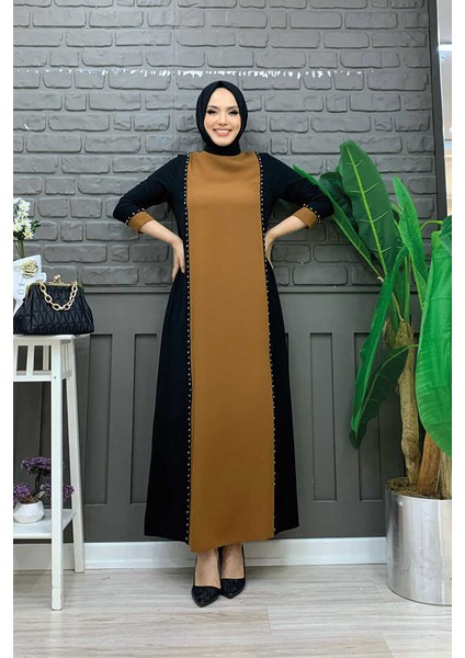 Bym Iki Renkli Taş Baskılı Elbise 3848 Siyah