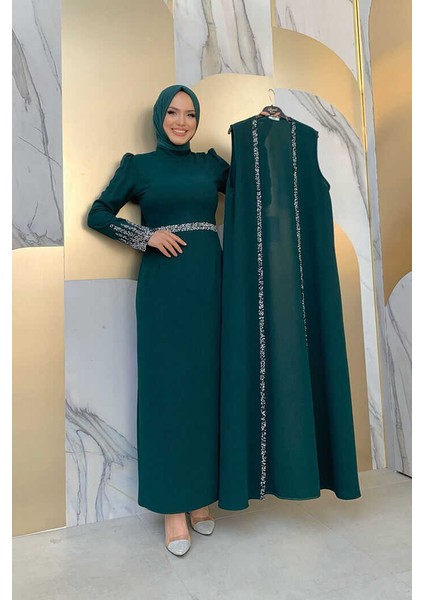 Bym 3838-1 Taş Detaylı Yelekli Takım Zümrüt