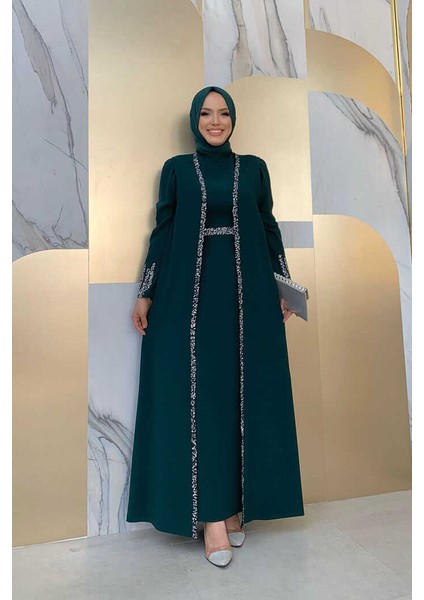 Bym 3838-1 Taş Detaylı Yelekli Takım Zümrüt fiyatları