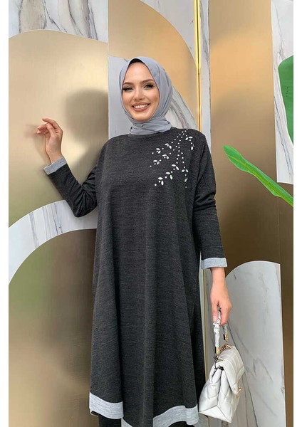 Bym Omuz Taş Işleme Detay Tunik Ikili Triko Takım 23309 Füme fırsatları