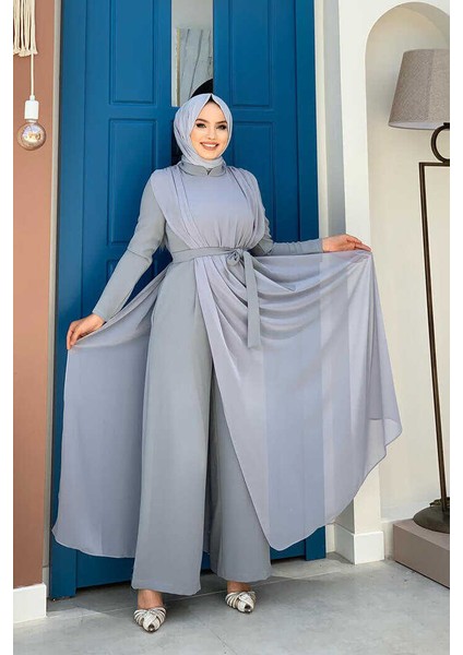 Bym Şifon Pelerin Detay Bel Kuşaklı Tulum 3330 Gri