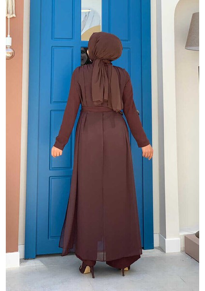 Bym Şifon Pelerin Detay Bel Kuşaklı Tulum 3330 Kahverengi fiyatları