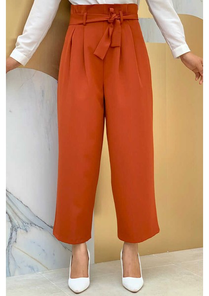 Bym Büyük Beden Fermuarlı Bel Bağcıklı Pantolon 0174-1 Kiremit