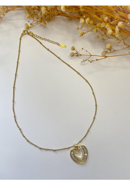 Çelik Kolye Top Zincirli Taslı Kalp Uçlu Gold