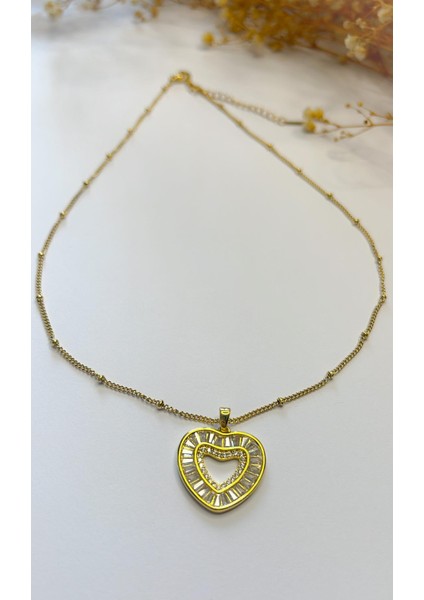 Çelik Kolye Top Zincirli Taslı Kalp Uçlu Gold fiyatları