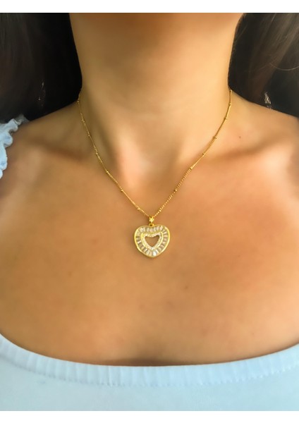 Çelik Kolye Top Zincirli Taslı Kalp Uçlu Gold modelleri