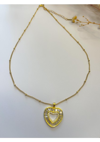 Çelik Kolye Top Zincirli Taslı Kalp Uçlu Gold fırsatları