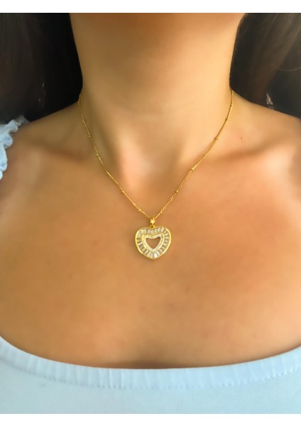Çelik Kolye Top Zincirli Taslı Kalp Uçlu Gold indirimleri