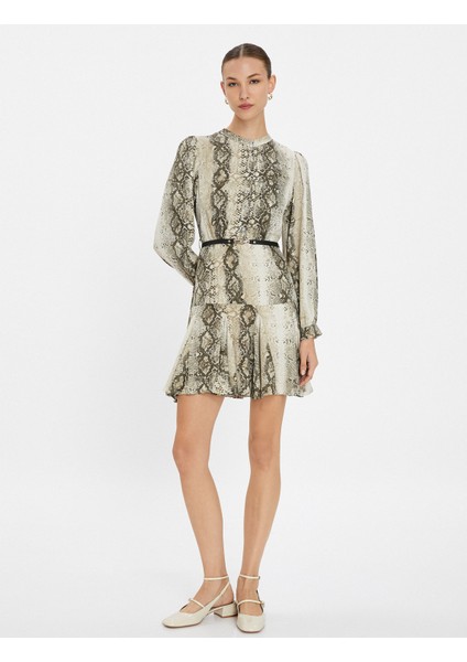 Mini Elbise Uzun Kollu Kemer Detaylı Fırfırlı Yılan Derisi Desenli