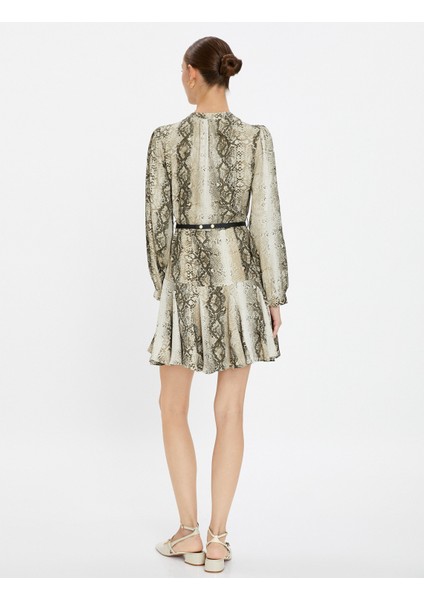 Mini Elbise Uzun Kollu Kemer Detaylı Fırfırlı Yılan Derisi Desenli fırsatları