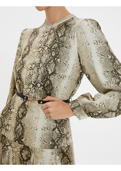 Mini Elbise Uzun Kollu Kemer Detaylı Fırfırlı Yılan Derisi Desenli indirimleri