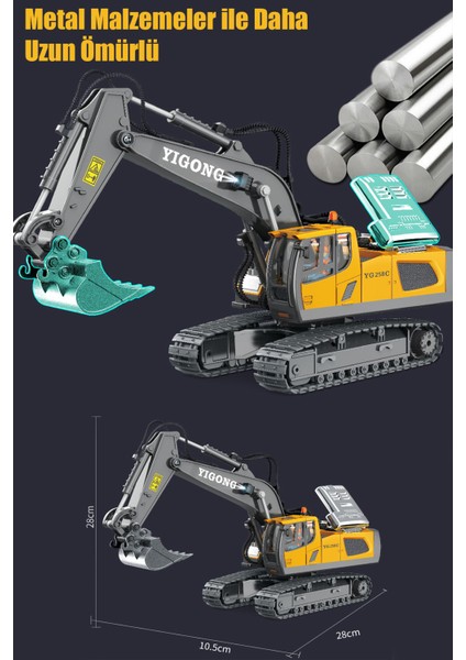Işıklı Sesli Full Fonksiyon Metal Hareketli Kepçe 2.4ghz Uzaktan Kumandalı 680° Rotasyon Excavator