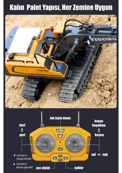 Işıklı Sesli Full Fonksiyon Metal Hareketli Kepçe 2.4ghz Uzaktan Kumandalı 680° Rotasyon Excavator