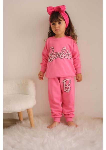 Kız Çocuk Barbie Baskılı Bisiklet Yaka Bilek Ribanalı Pamuk Eşofman Takımı