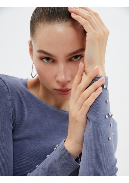 Taşlı Crop Tişört Uzun Kollu Bisiklet Yaka Kaşkorse Yıkamalı