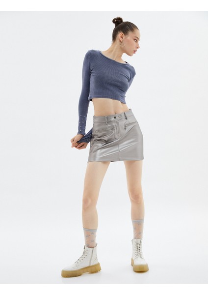 Taşlı Crop Tişört Uzun Kollu Bisiklet Yaka Kaşkorse Yıkamalı fiyatları