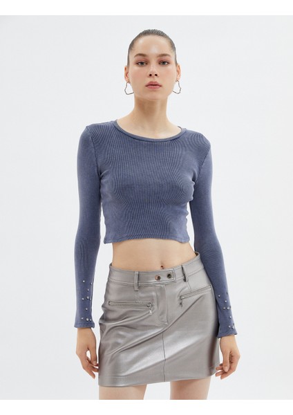 Taşlı Crop Tişört Uzun Kollu Bisiklet Yaka Kaşkorse Yıkamalı modelleri