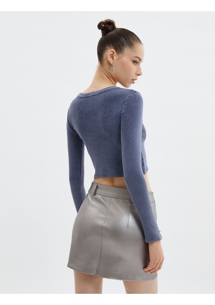 Taşlı Crop Tişört Uzun Kollu Bisiklet Yaka Kaşkorse Yıkamalı fırsatları