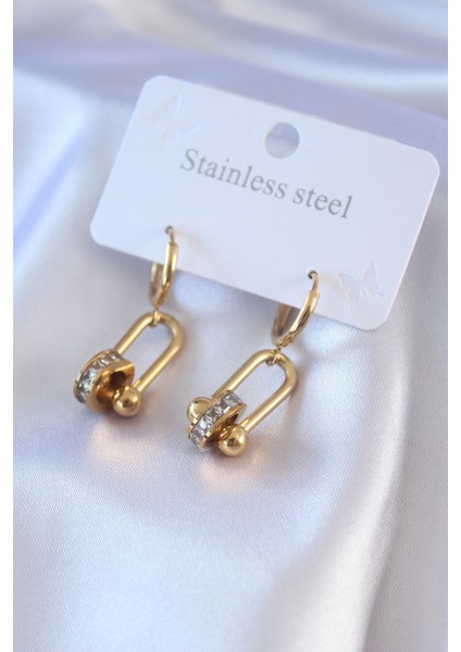 316L Çelik Gold Renk Zirkon Taşlı Tiffany Model Kadın Küpe