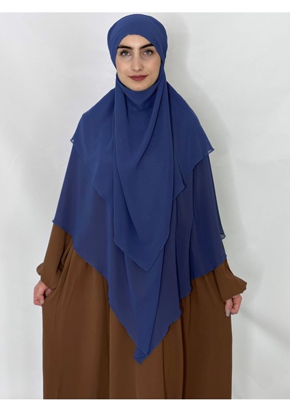 3katlı Multı Sifon Sufle Khimar Peceli Hazır Büyük Esarp Indigo Mavi