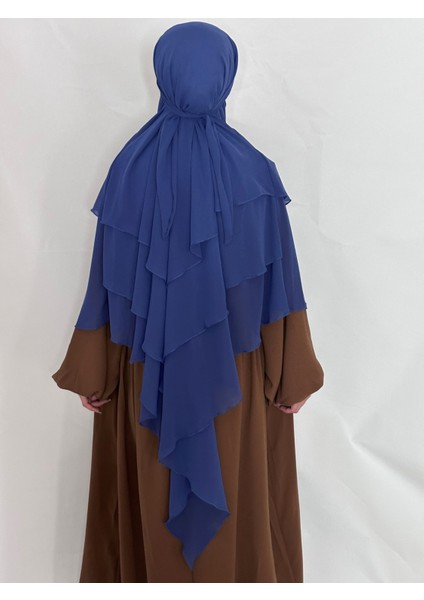 3katlı Multı Sifon Sufle Khimar Peceli Hazır Büyük Esarp Indigo Mavi