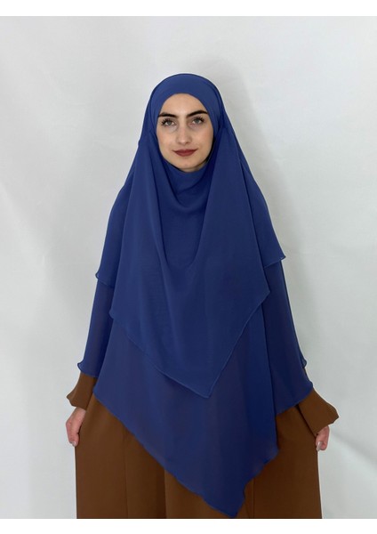 3katlı Multı Sifon Sufle Khimar Peceli Hazır Büyük Esarp Indigo Mavi