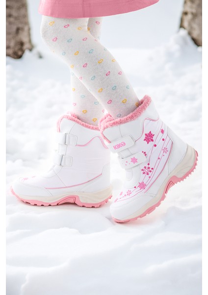 Kartanesi Cırtlı Kız Çocuk Kar Bot Soğuk Suya Dayanıklı Beyaz - Pembe