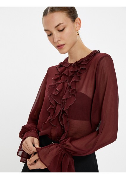 Şifon Gömlek Transparan Fırfırlı Düğmeli Bisiklet Yaka