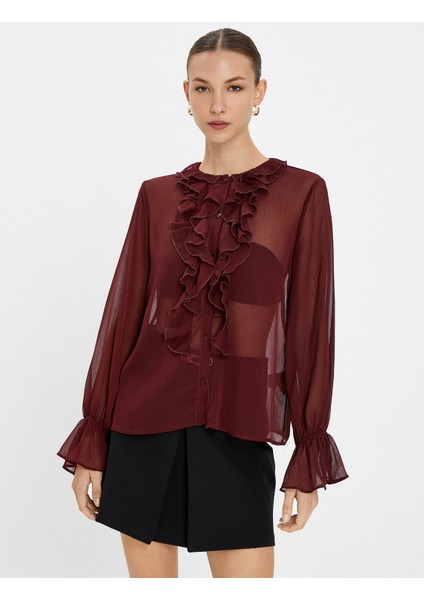 Şifon Gömlek Transparan Fırfırlı Düğmeli Bisiklet Yaka modelleri