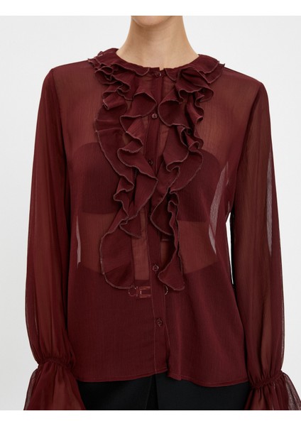 Şifon Gömlek Transparan Fırfırlı Düğmeli Bisiklet Yaka indirimleri