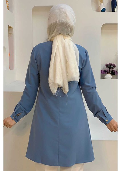 Kol Manşetleri Düğmeli Bisiklet Yaka Uzun Tunik 2649 Indigo