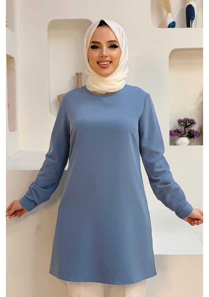 Kol Manşetleri Düğmeli Bisiklet Yaka Uzun Tunik 2649 Indigo fiyatları