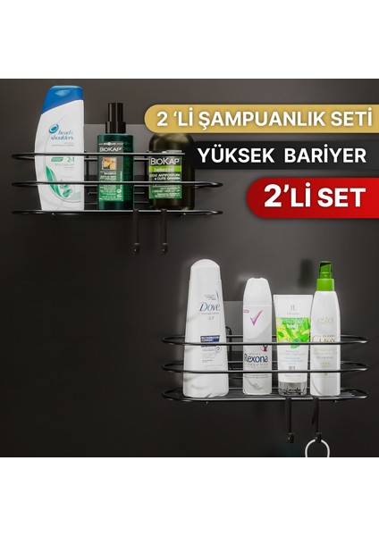 Banyo Düzenleyici Şampuanlık Sabunluk 2li Set Yapışkanlı 4 Askılı Duş Rafı Paslanmaz Organizer