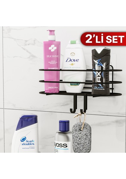 Banyo Düzenleyici Şampuanlık Sabunluk 2li Set Yapışkanlı 4 Askılı Duş Rafı Paslanmaz Organizer