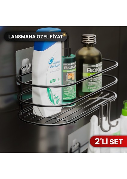 Banyo Düzenleyici Şampuanlık Sabunluk 2li Set Yapışkanlı 4 Askılı Duş Rafı Paslanmaz Organizer