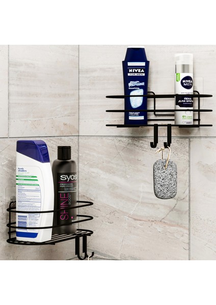 Banyo Düzenleyici Şampuanlık Sabunluk 2li Set Yapışkanlı 4 Askılı Duş Rafı Paslanmaz Organizer