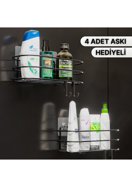 Banyo Düzenleyici Şampuanlık Sabunluk 2li Set Yapışkanlı 4 Askılı Duş Rafı Paslanmaz Organizer