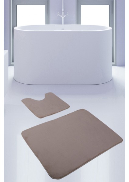 Unicolor Düz Vizon 2'li Banyo Paspası Halısı Seti Kaymaz Deri Tabanlı Yıkanabilir Klozet Takımı